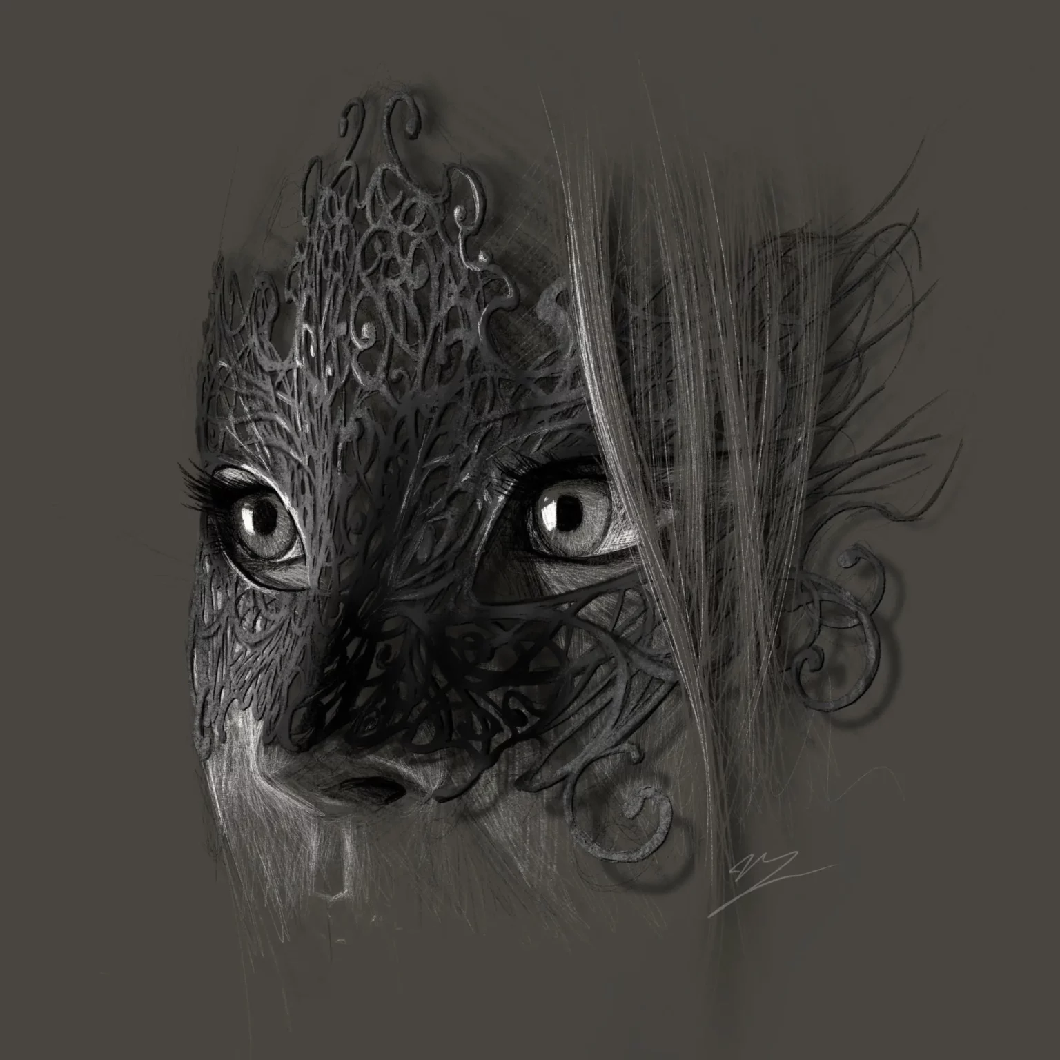 Gros plan sur un visage féminin masqué d'arabesques noires, deux yeux gris sur fond sombre., monté en caisse américaine