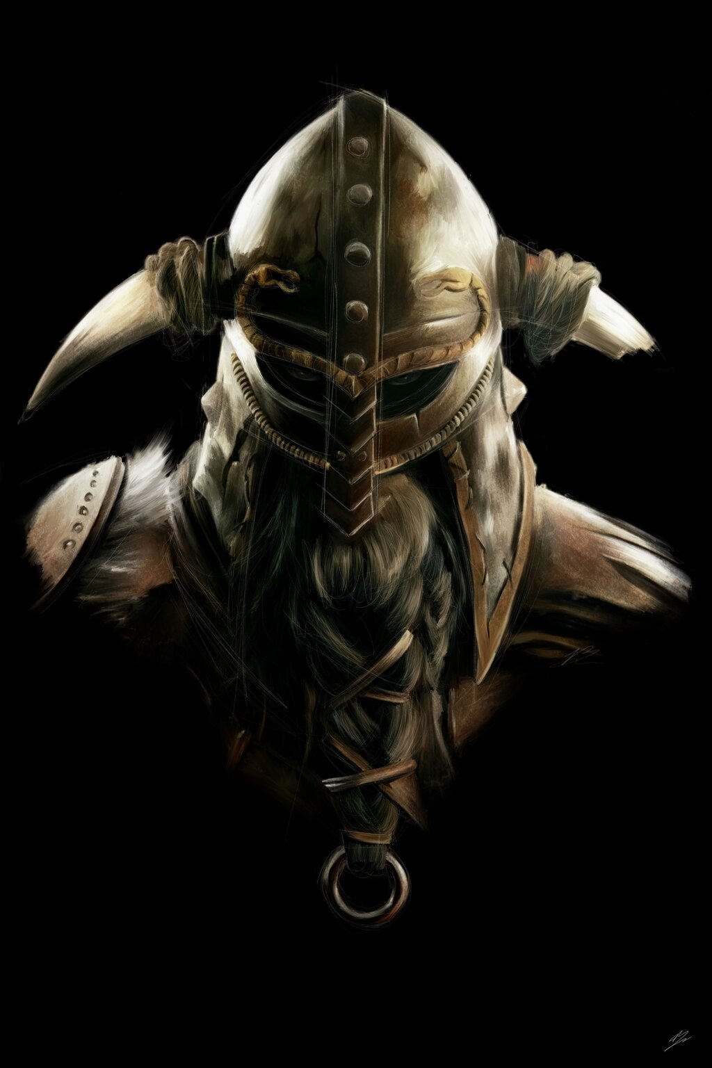 Guerrier viking de For Honor, casque à cornes, barbe tressée fermée par un anneau, fond noir.