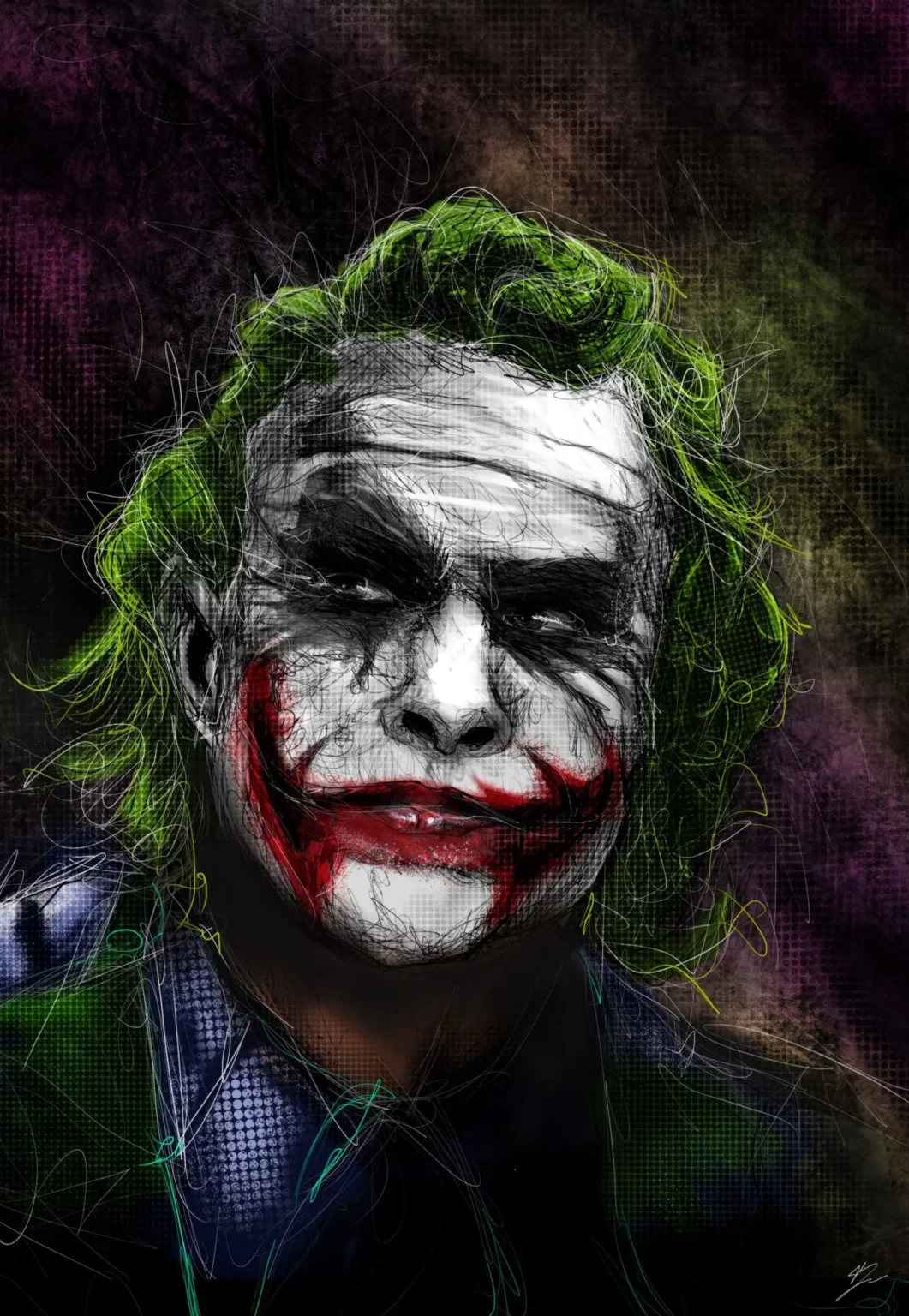 Le Joker de Heath Ledger, maquillage blanc craquelé et sourire rouge, cheveux verts, fond violet., monté en caisse américaine