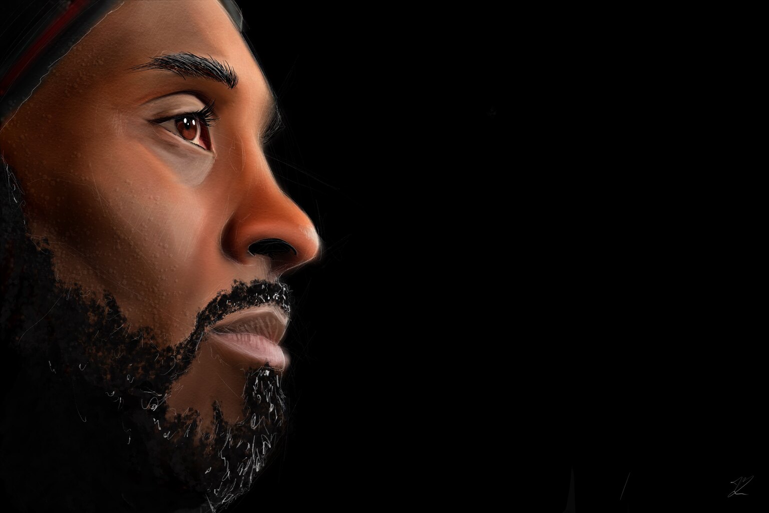 Kobe Bryant de profil vers la droite, barbe fournie, bandeau sur le front, fond noir.