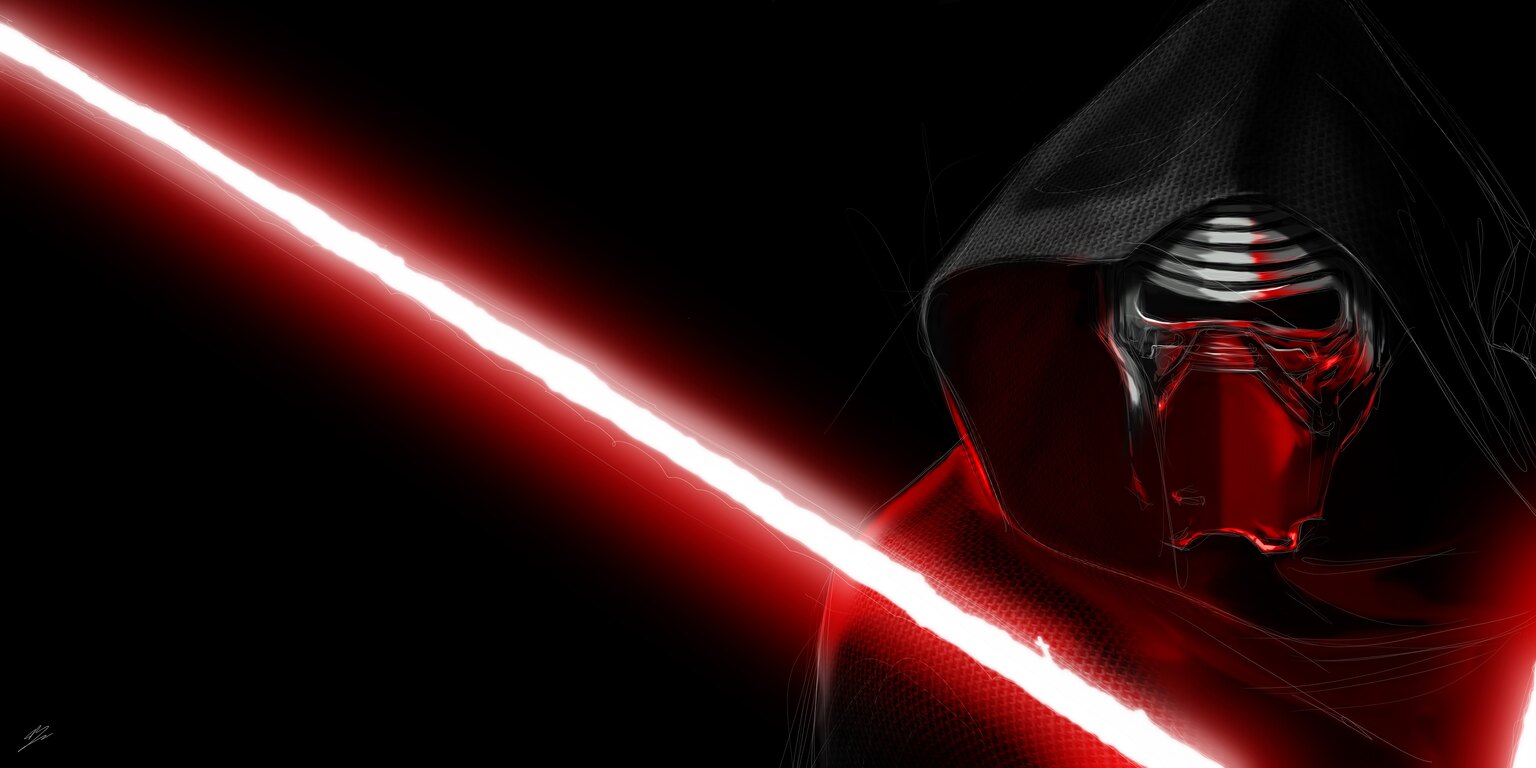 Kylo Ren masqué sous sa capuche, sabre laser rouge en diagonale sur fond noir.