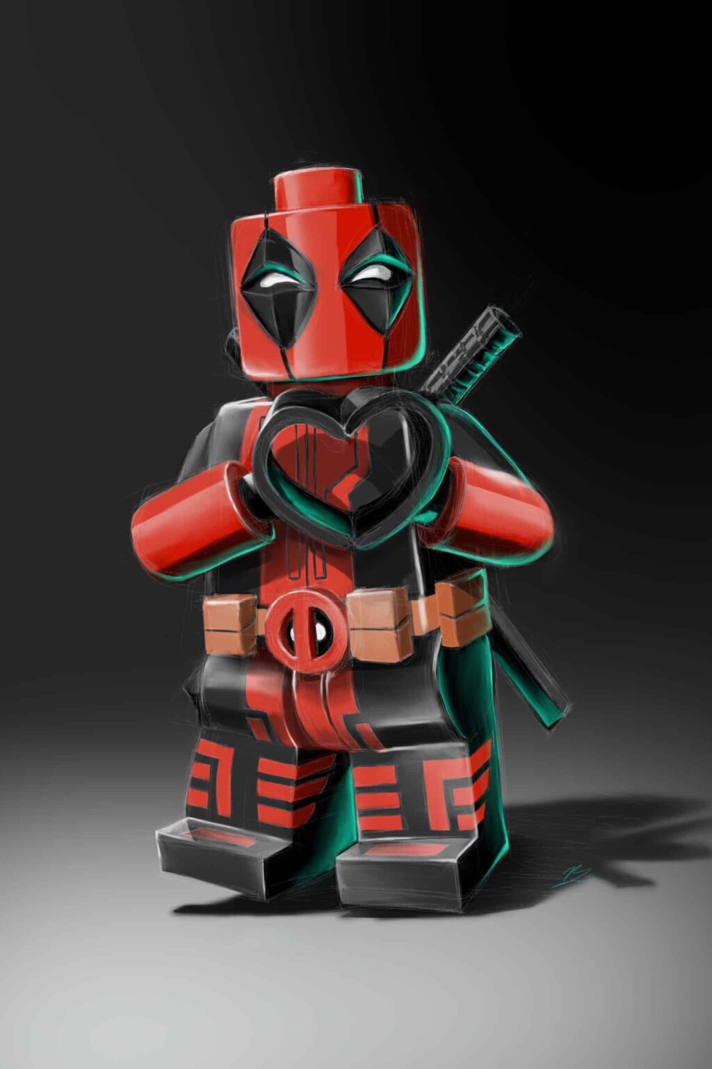 Deadpool en figurine Lego, debout, les mains jointes en cœur, katana dans le dos.