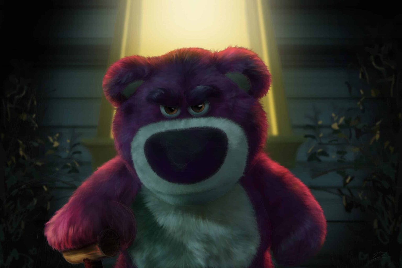 Lotso, l'ours rose de Toy Story 3, sourcils froncés, halo jaune derrière lui, canne en main.