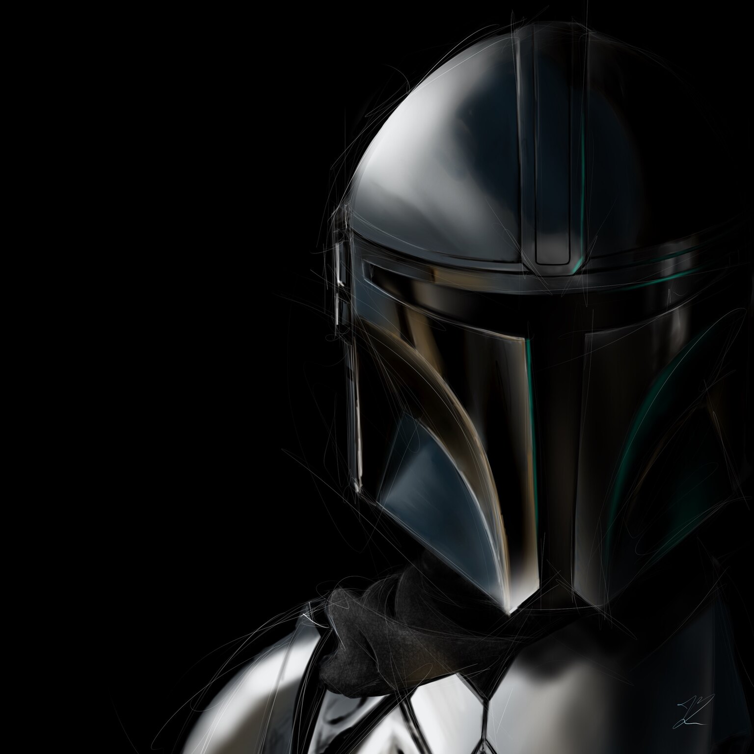 Casque du Mandalorien en métal poli, de trois quarts, visière noire en T, fond noir.