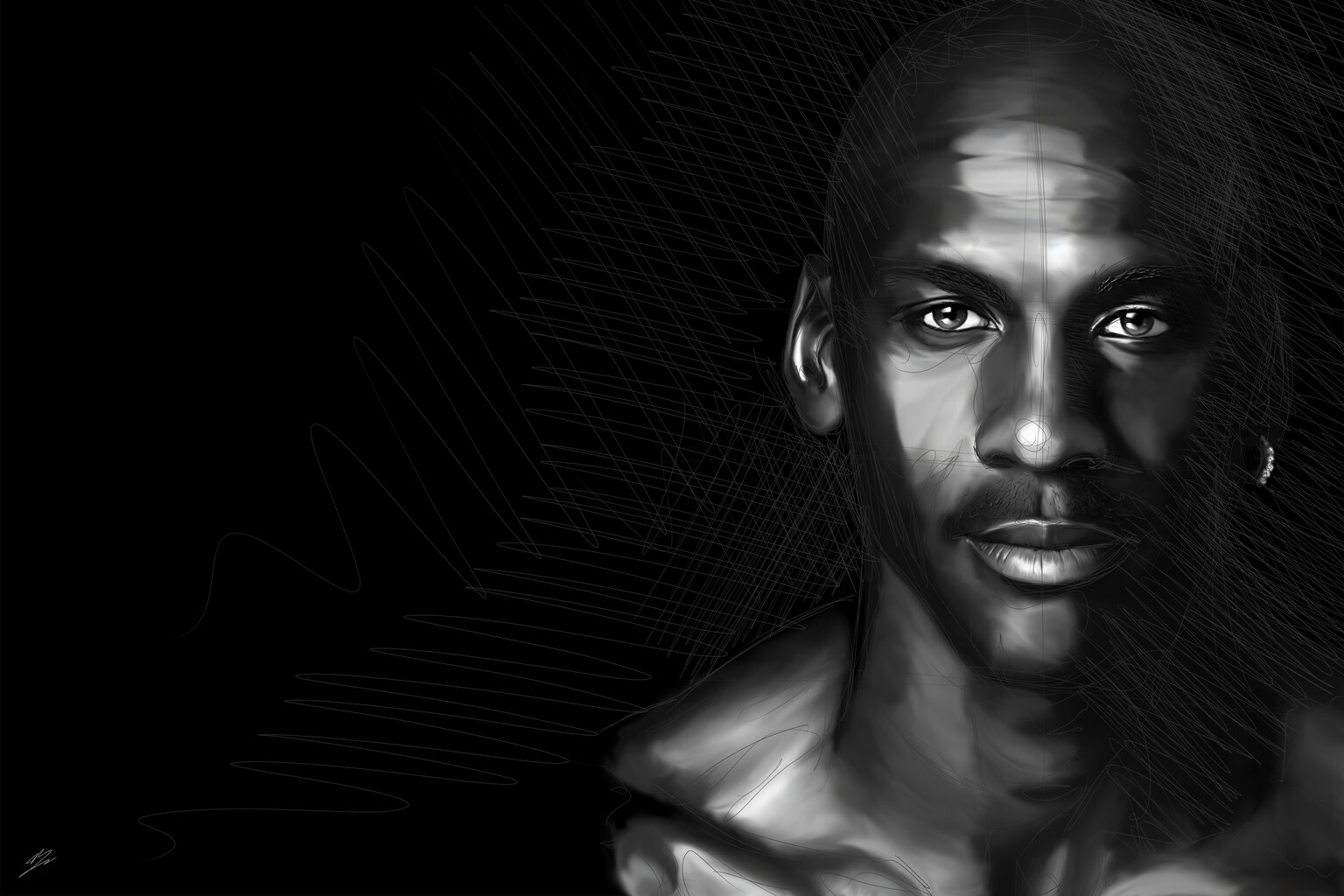 Portrait en noir et blanc de Michael Jordan, crâne rasé, épaule nue, surgissant d'un fond noir.