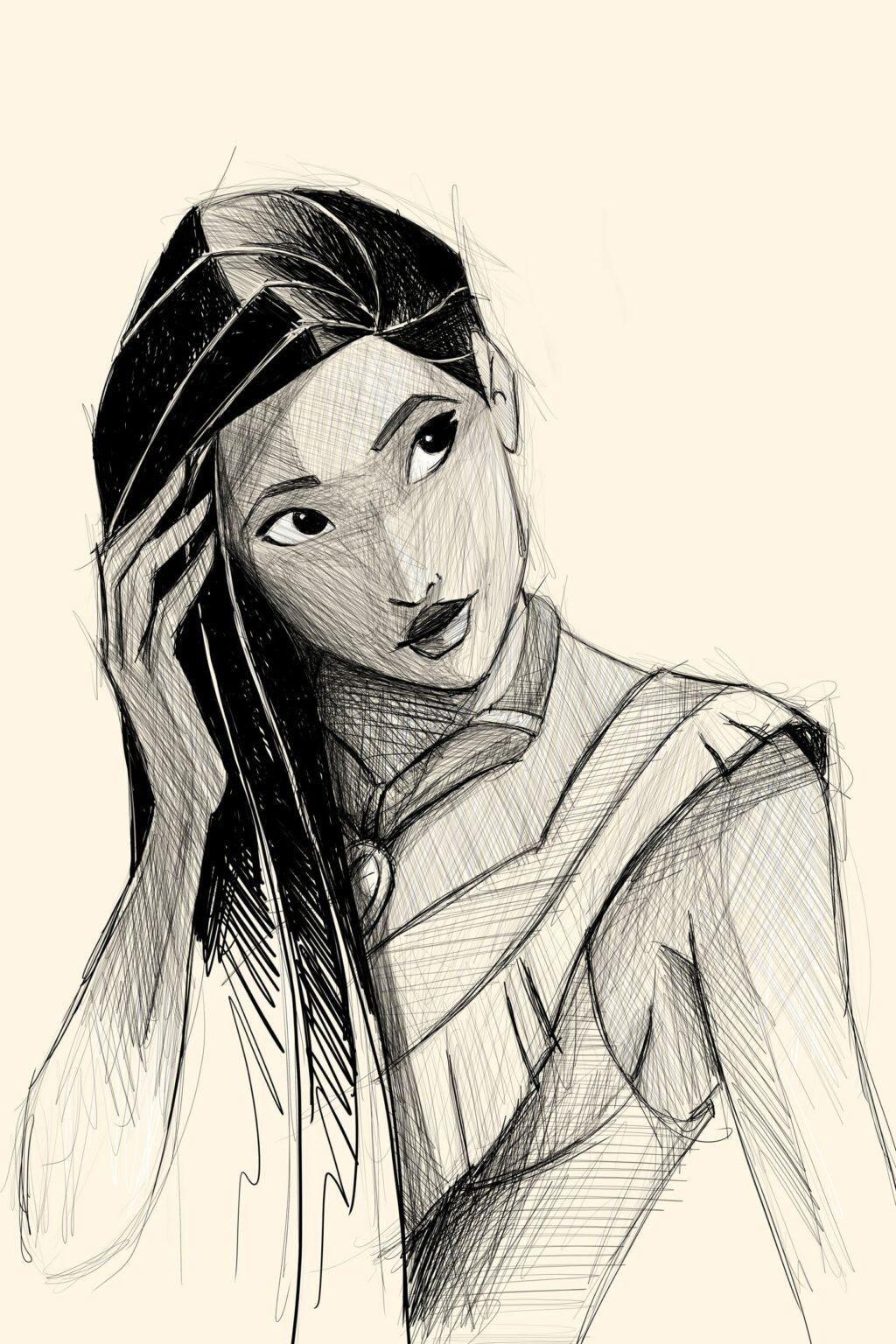 Pocahontas de Disney en croquis, main dans les cheveux, regard levé de côté, fond crème.