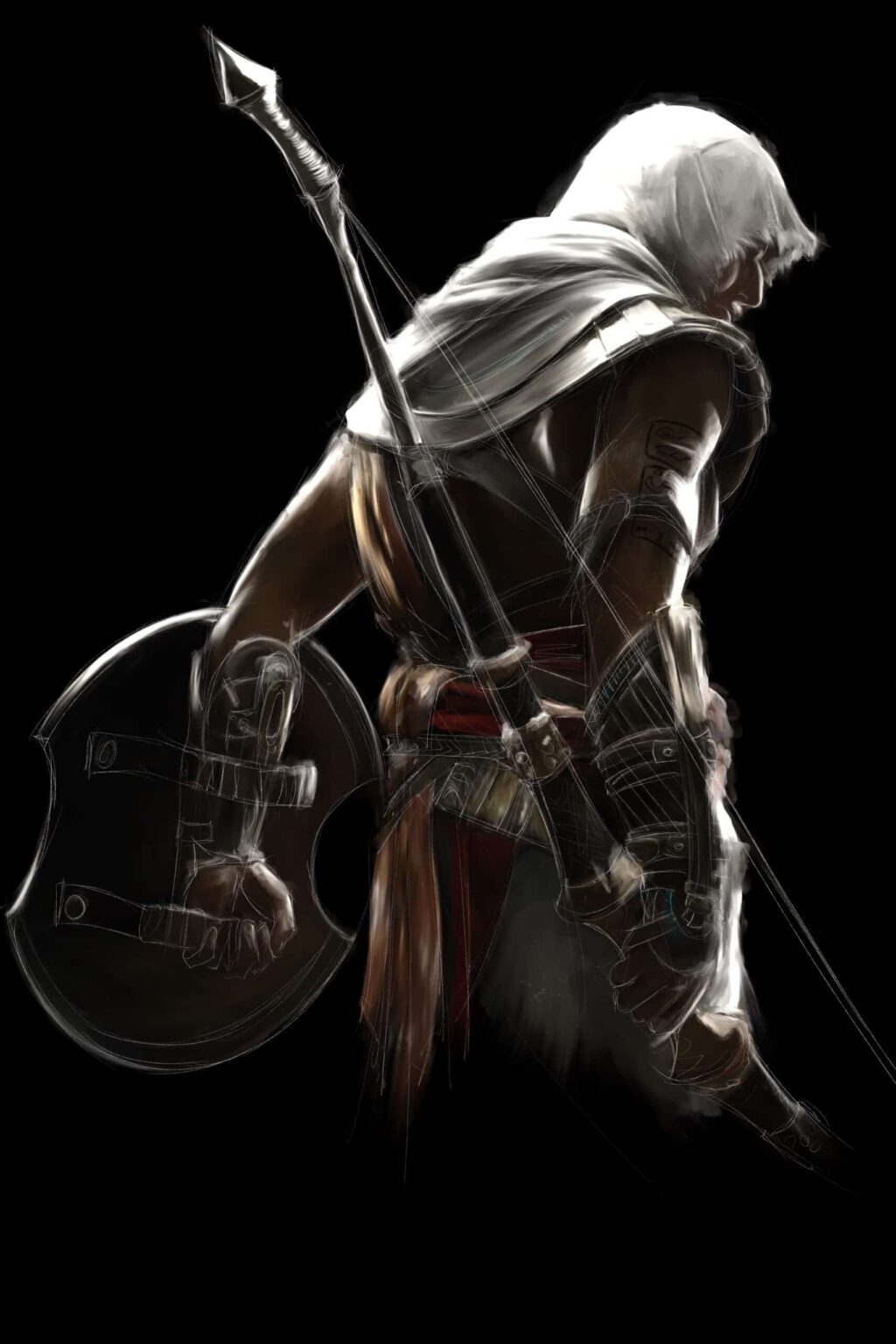 Bayek de Siwa vu de dos, capuche blanche, bouclier rond au poing, arc dans le dos.