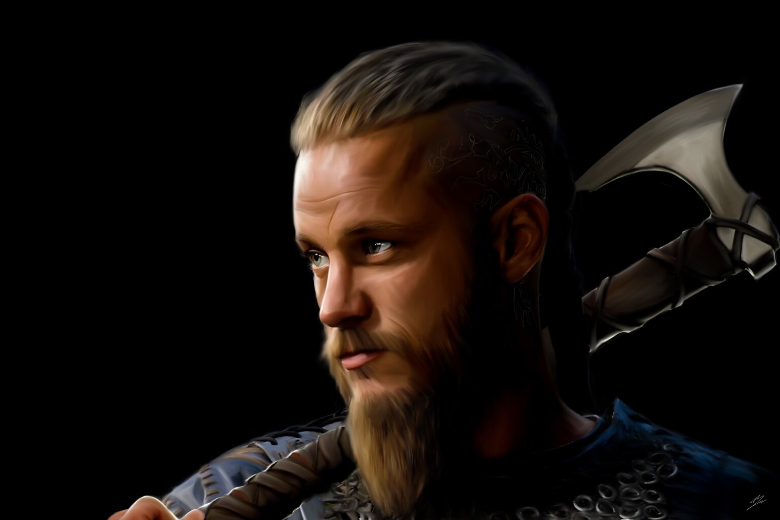 Ragnar Lothbrok de profil, cheveux blonds tirés en arrière, tempe tatouée, hache sur l'épaule, fond noir.