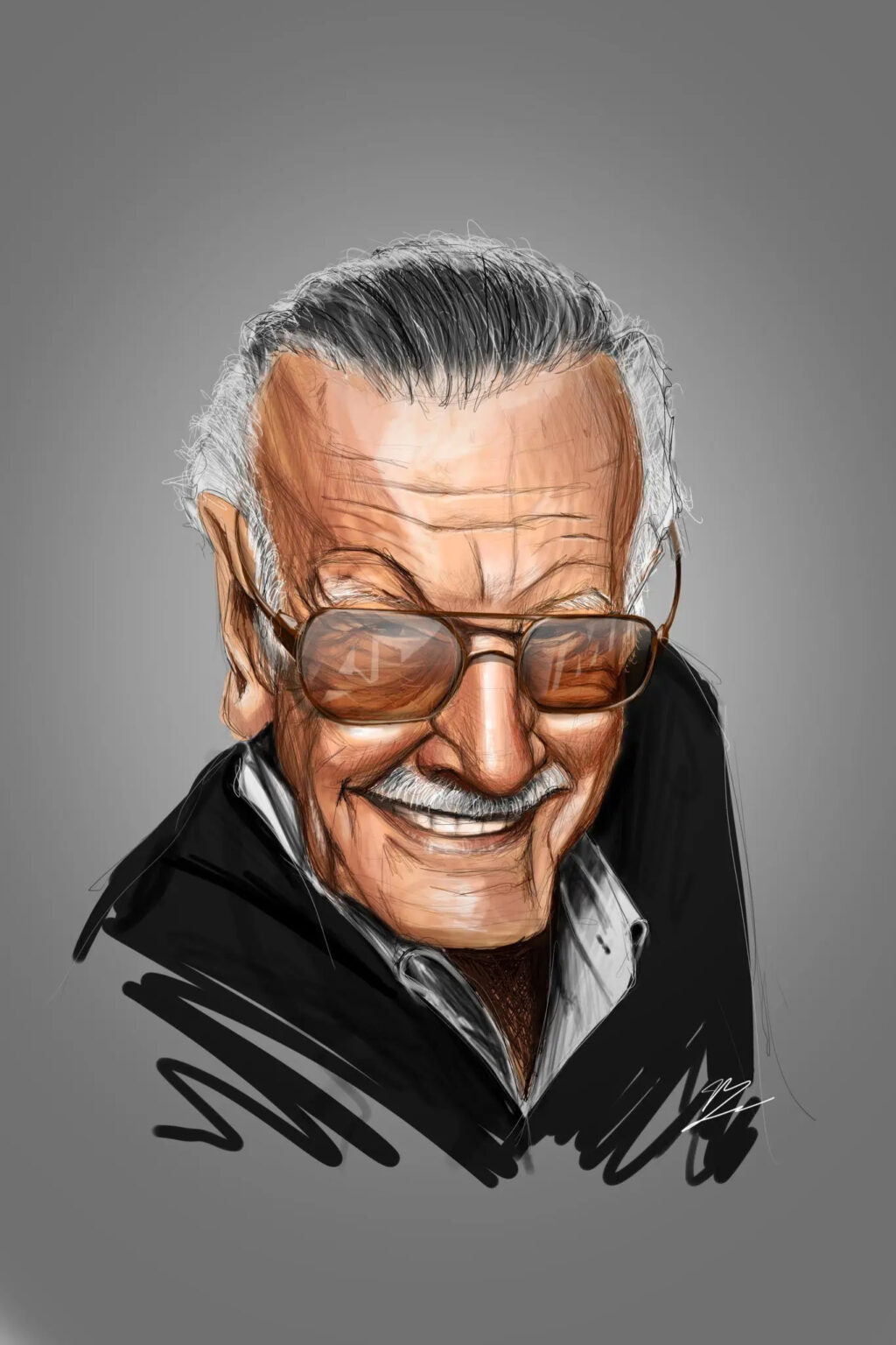 Stan Lee souriant, lunettes aviator teintées, moustache blanche, veste noire, sur fond gris dégradé., monté en caisse américaine