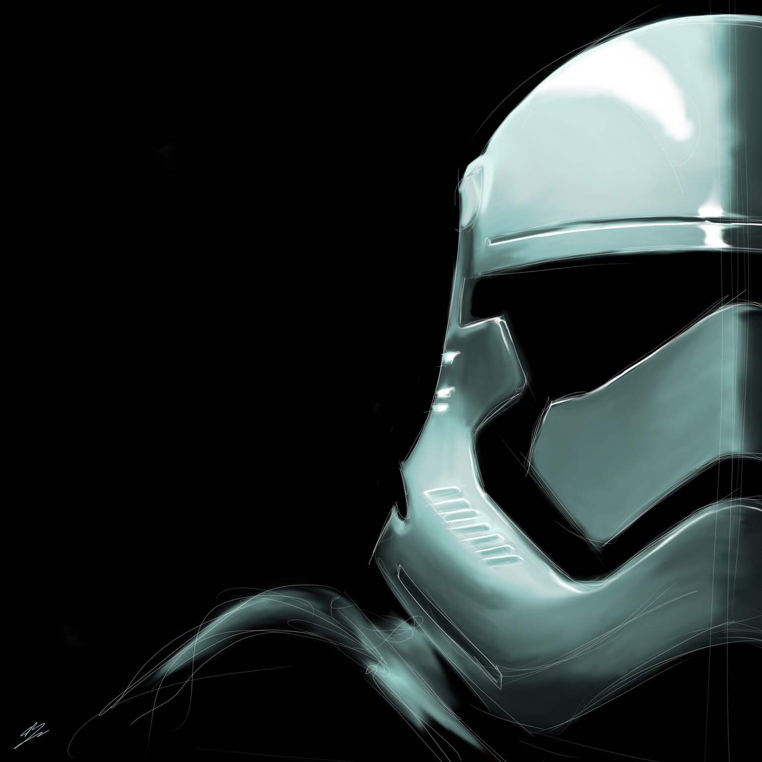 Casque de Stormtrooper du Premier Ordre de profil, blanc glacé, sur fond noir.